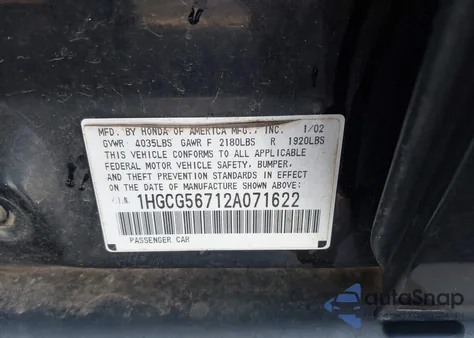 2002 Honda Accord 2.3 Se from USA, damaged, VIN 1HGCG56712A071622